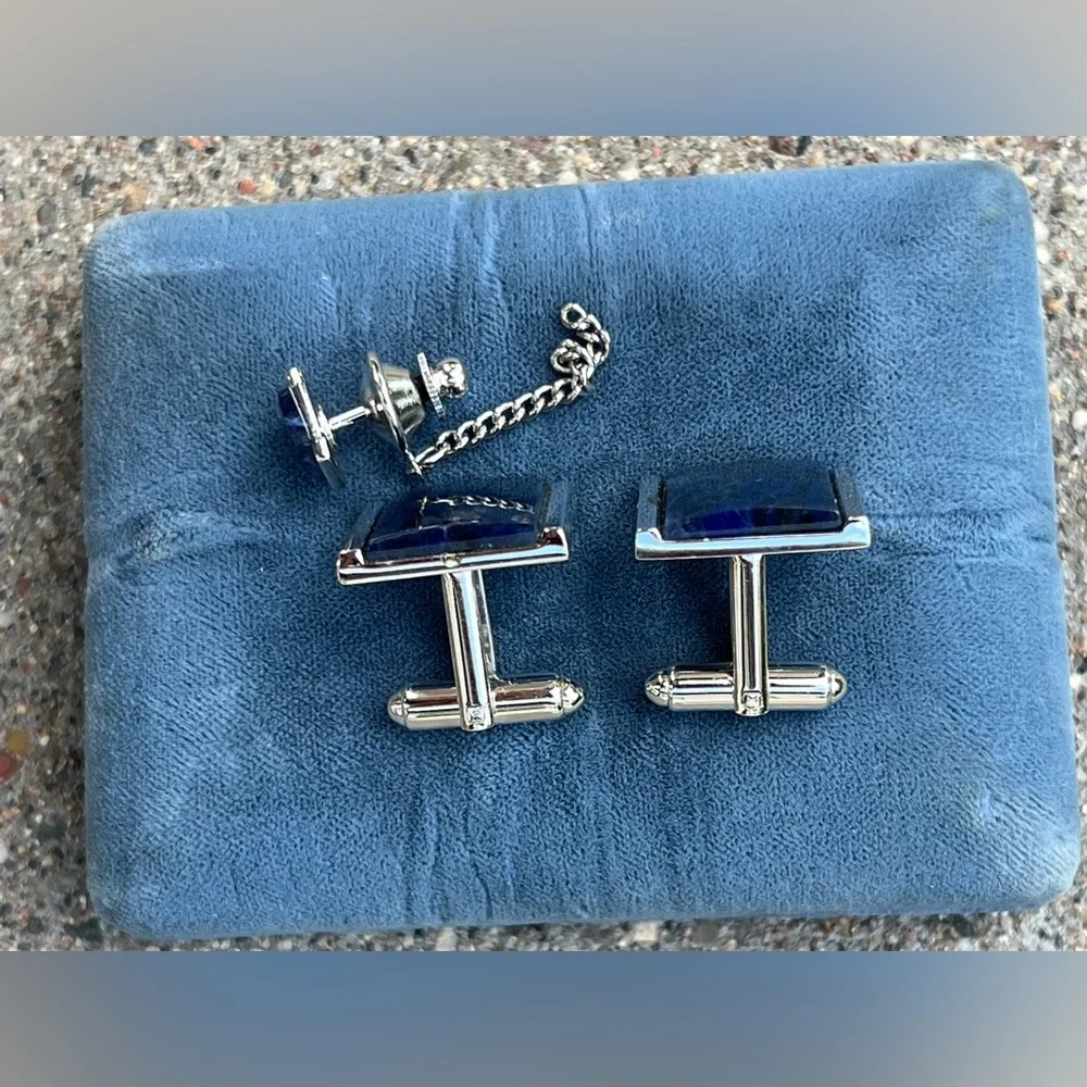 🔹Vintage Set of Genuine Sodalite Cufflinks & Matching Tie Tack — Blue / Silver